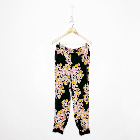 DYVNA 100% Silk Floral Printed Harem Ankle Pant Black womens 8 - Picture 1 of 4